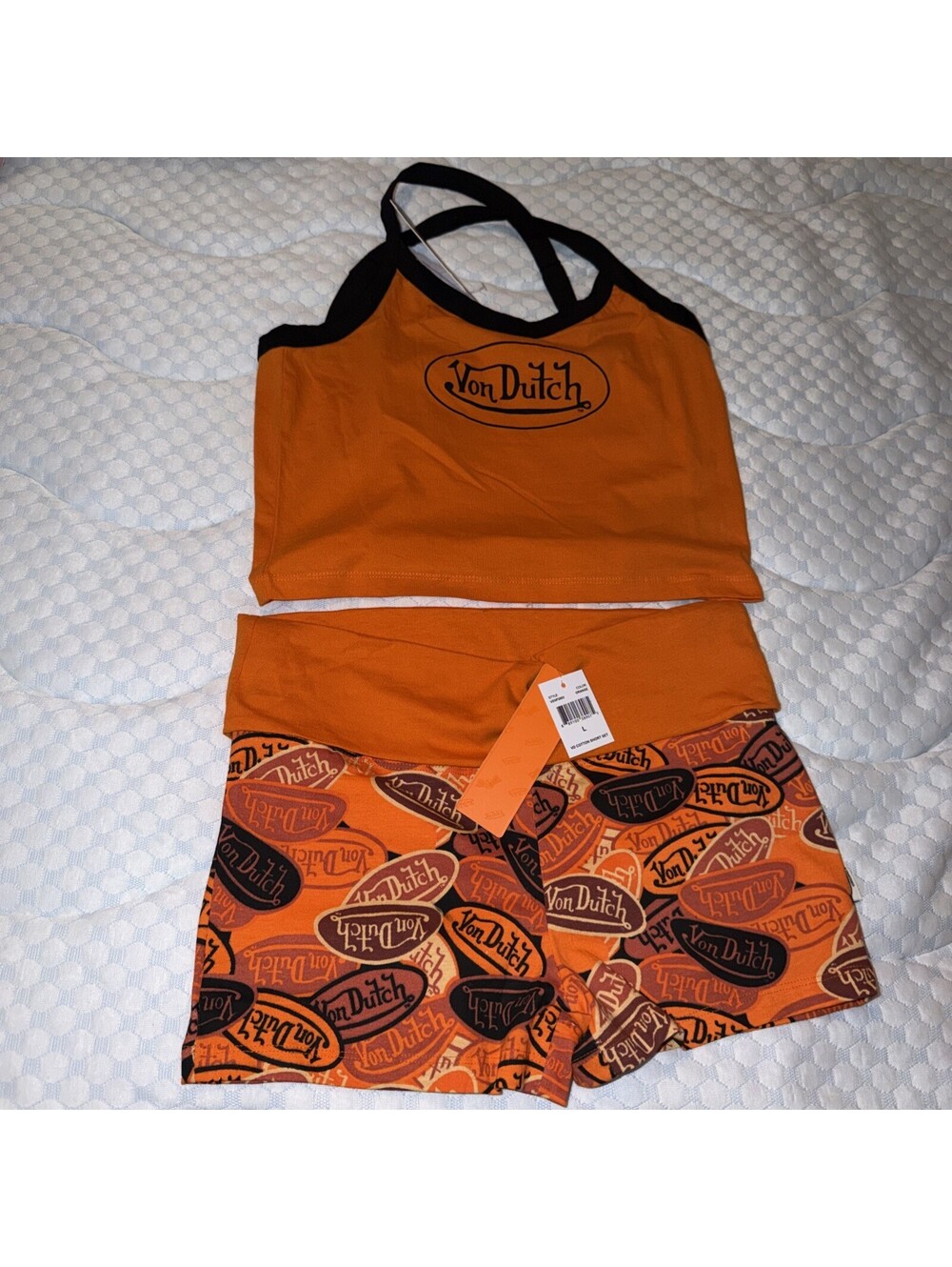 Von Dutch ORANGE Tank Top And Shorts 2pc Set Activewear Women's Size L NWT